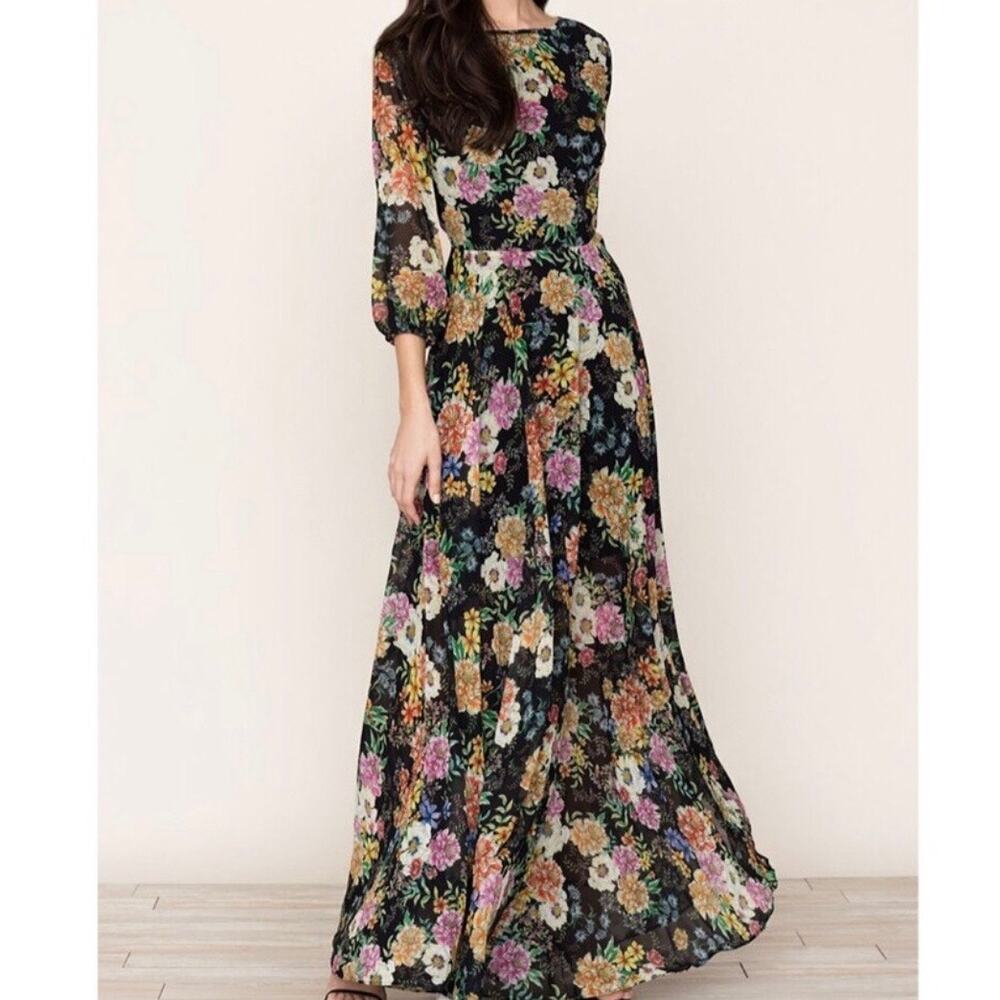 Anthro Yumi Kim Floral Woodstock Maxi Dress Black Motif Wisteria Size XS